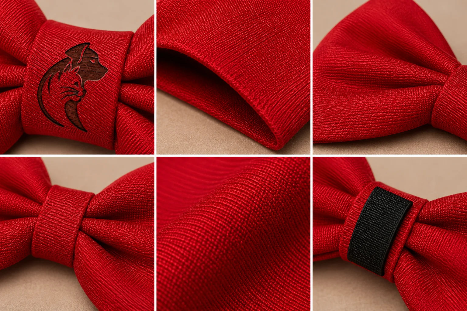 A red bow tie with a black wolf logo on a beige background in six close-up views