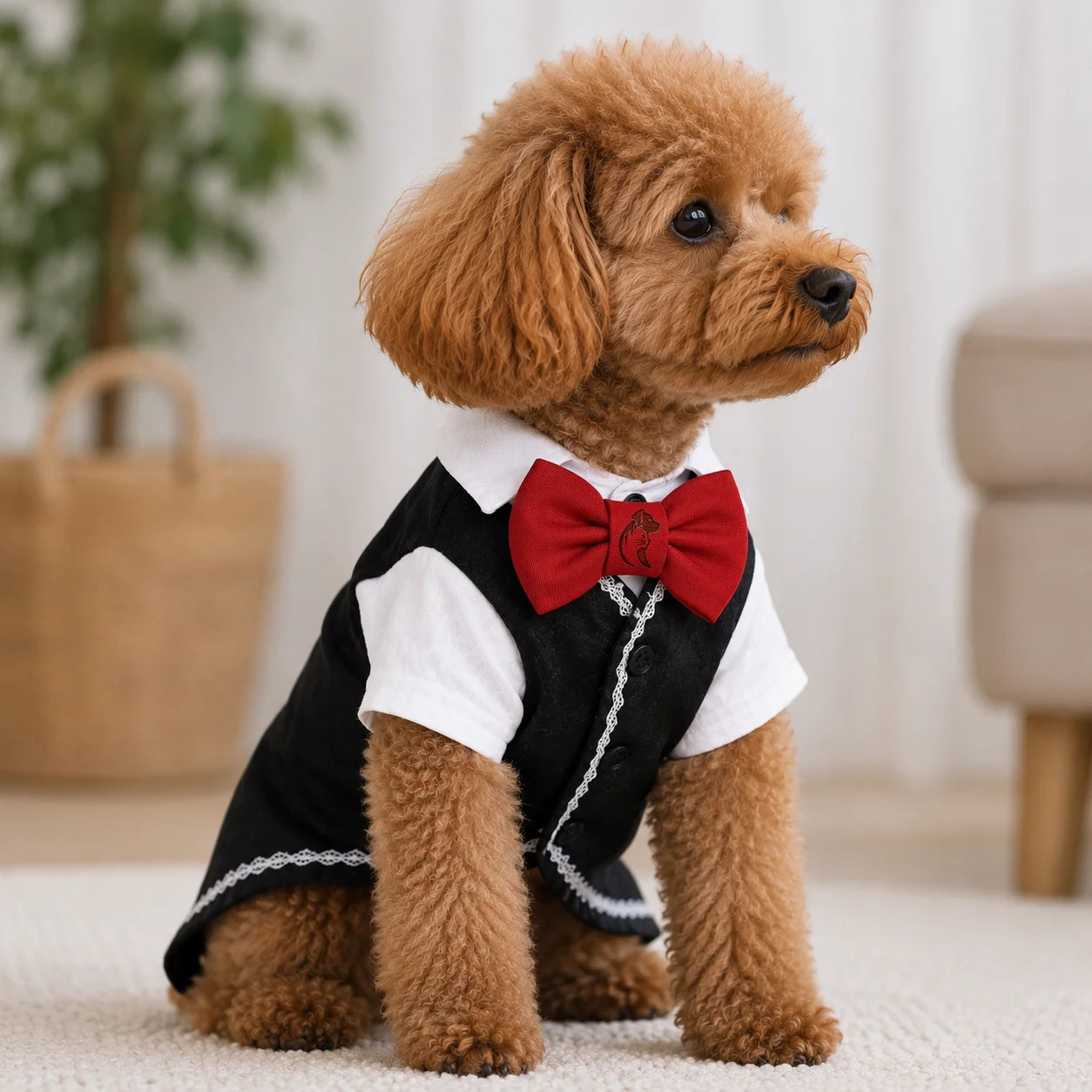 A small brown dog wearing a black and white outfit with a red bow tie sits on a white rug in a room