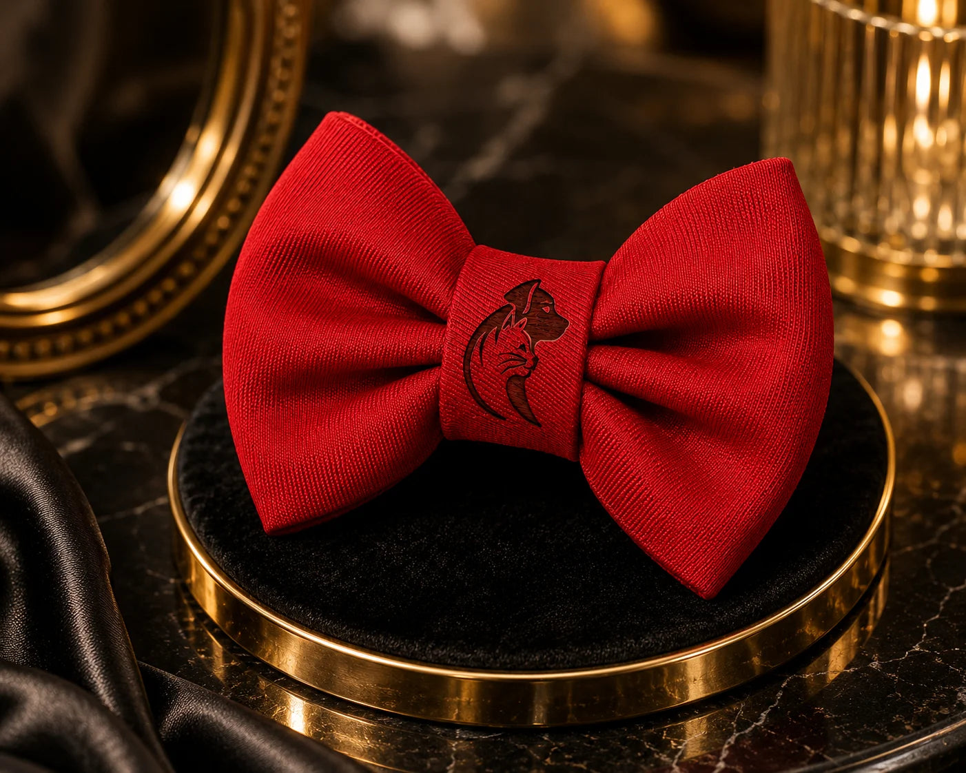 A vibrant red bow tie with a black horse logo on a gold and black velvet stand on a marble surface
