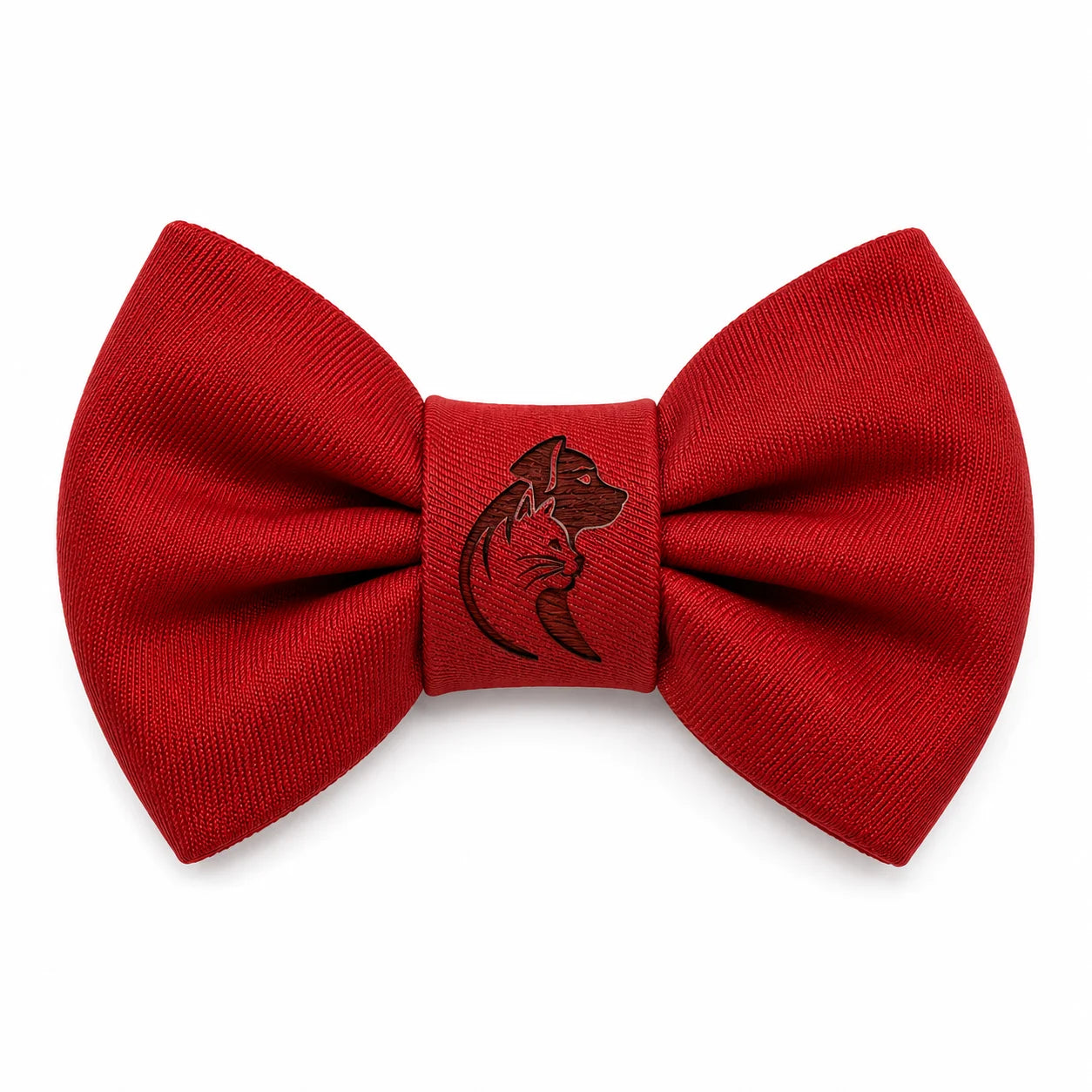 A vibrant red bow tie with a detailed dog head logo in the center