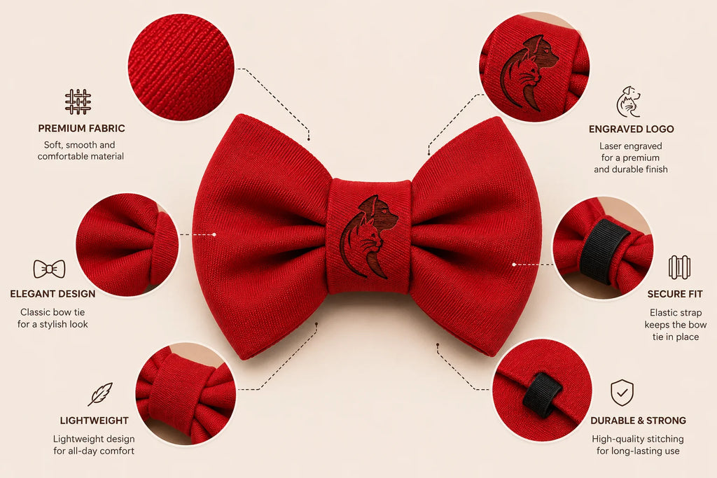 Vibrant red bow tie with horse logo and detailed product features
