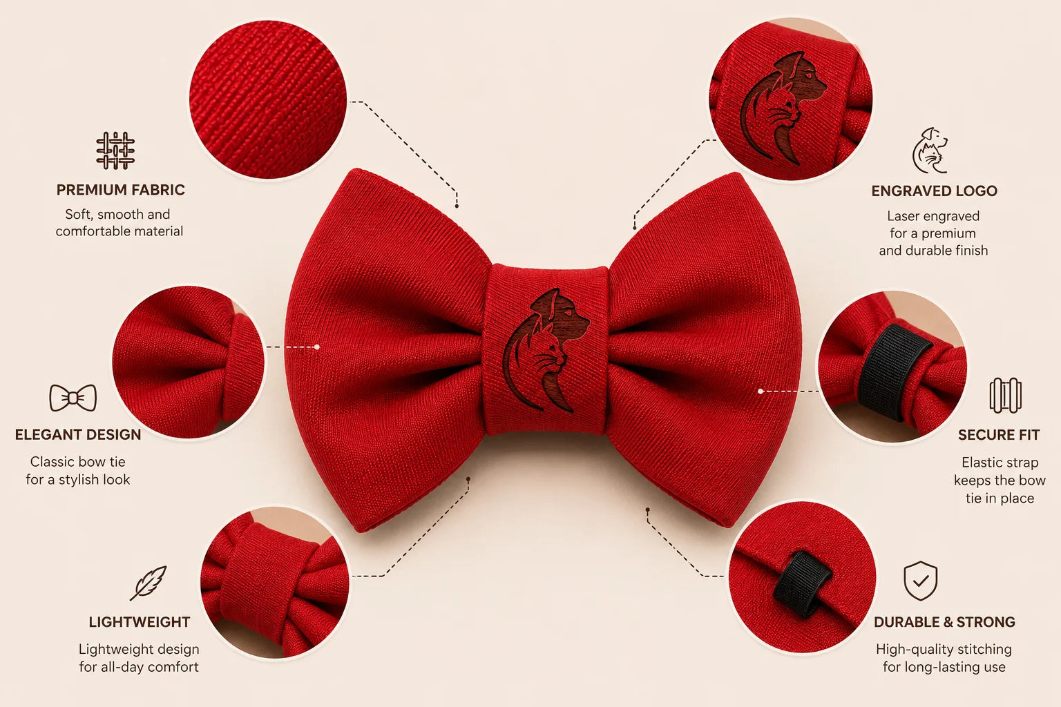 Vibrant red bow tie with horse logo and detailed product features