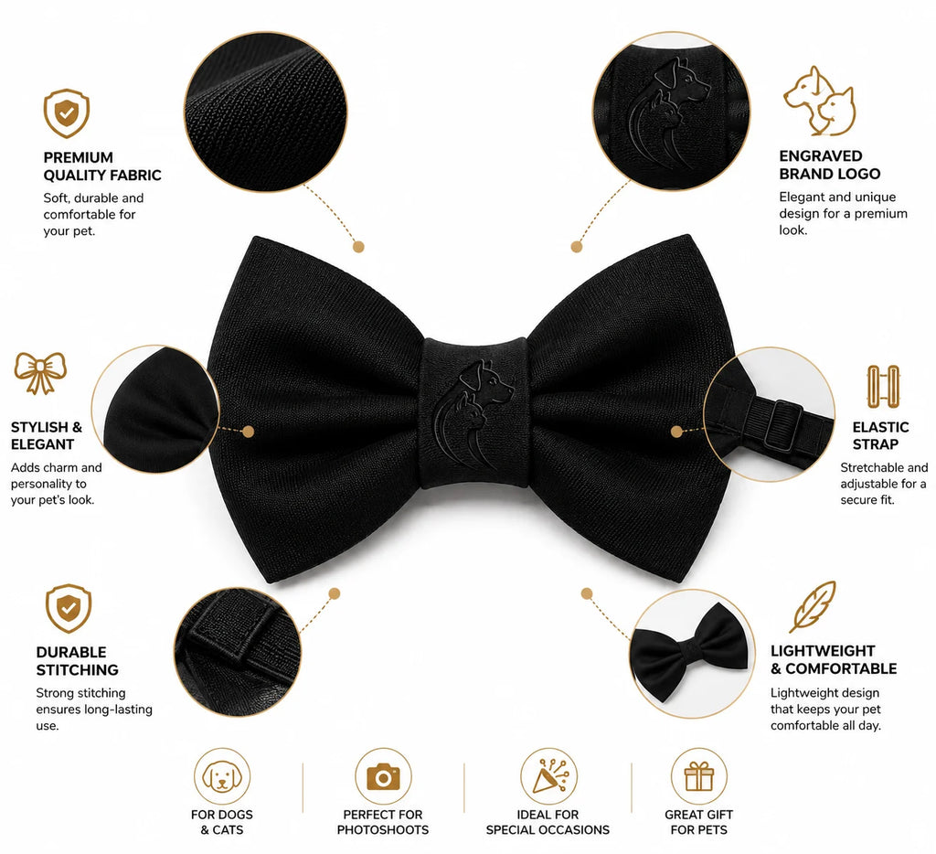 Black bow tie for dogs and cats with premium fabric and engraved logo design