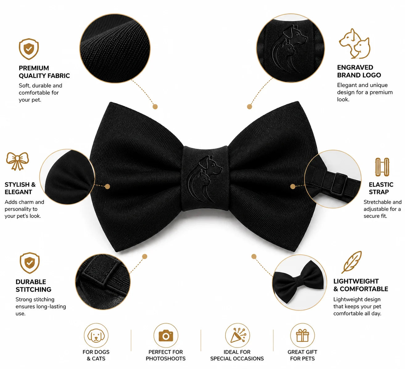 Black bow tie for dogs and cats with premium fabric and engraved logo design