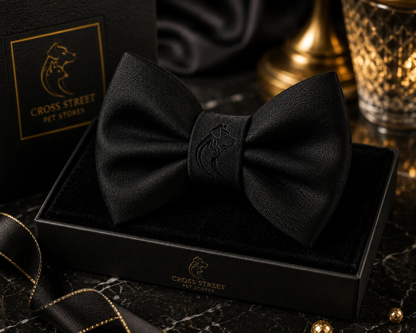 Black bow tie with embossed logo in a black gift box with gold accents
