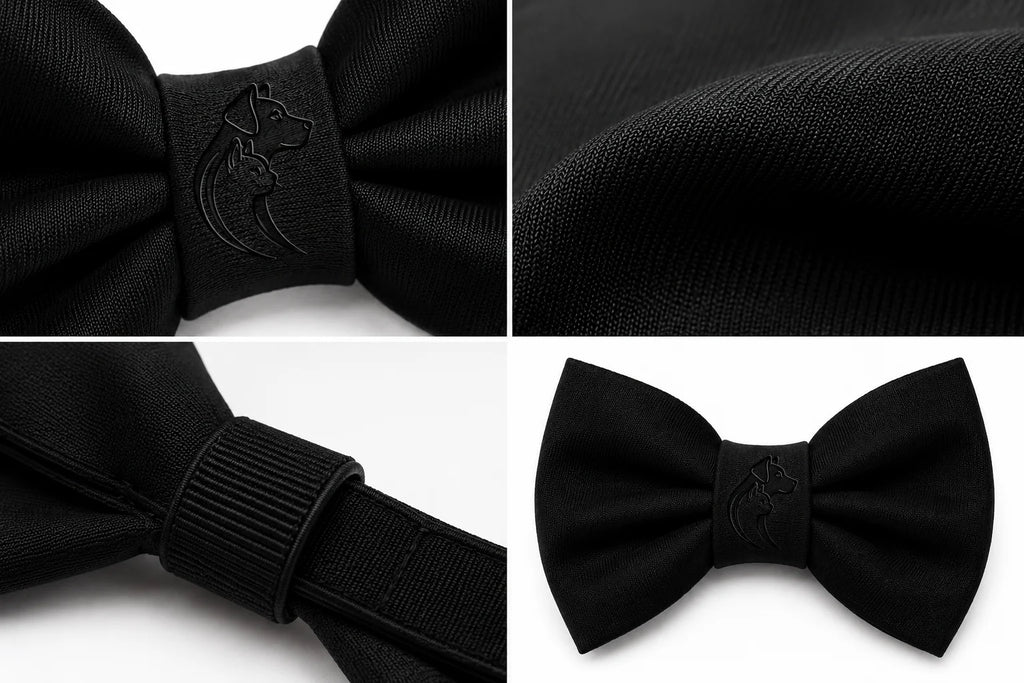 Black bow tie with embossed logo on adjustable neck strap close-up views