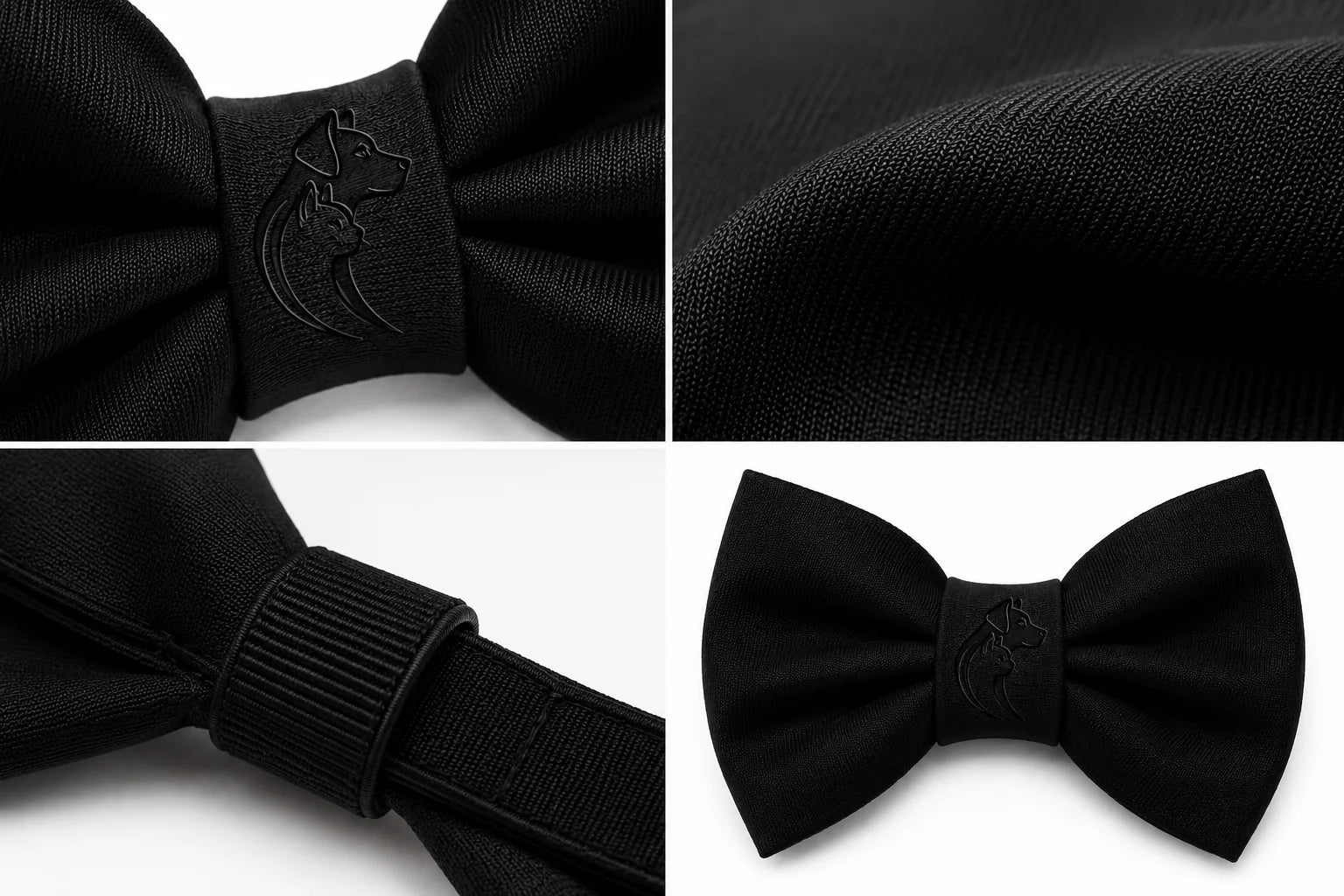 Black bow tie with embossed logo on adjustable neck strap close-up views