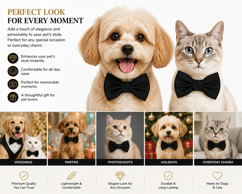 Dogs and cats wearing black bowties for special occasions and everyday elegance always