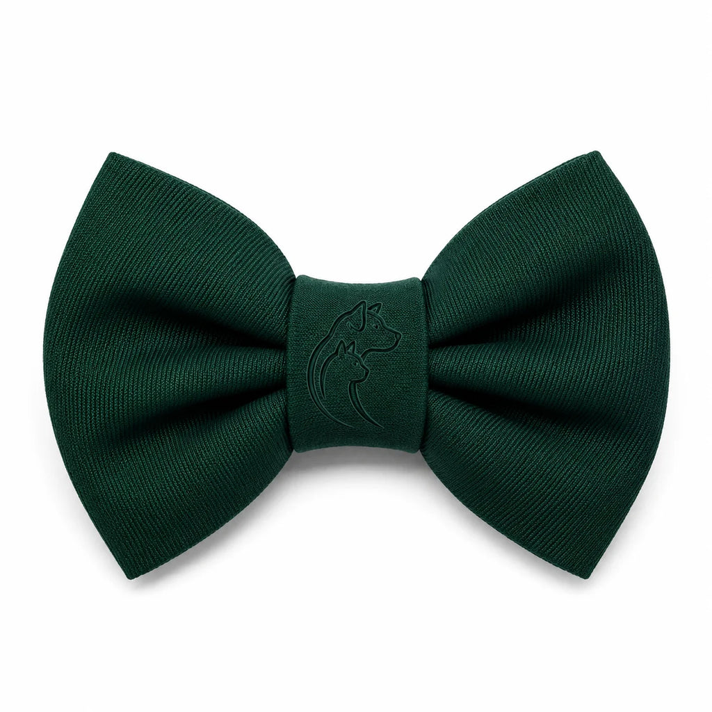 A dark green bow tie with an embossed dragon logo on a white background