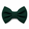 A dark green bow tie with an embossed dragon logo on a white background
