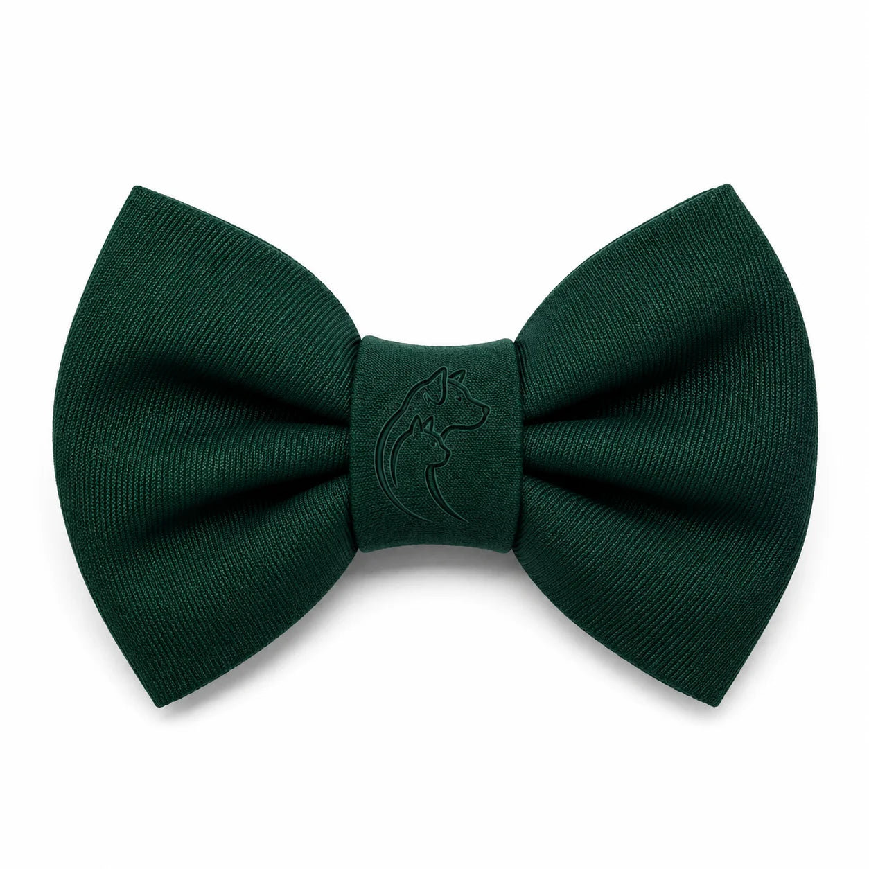 A dark green bow tie with an embossed dragon logo on a white background