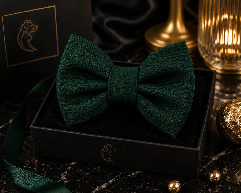 Dark green bow tie in a black gift box with gold accents and logo on a marble surface