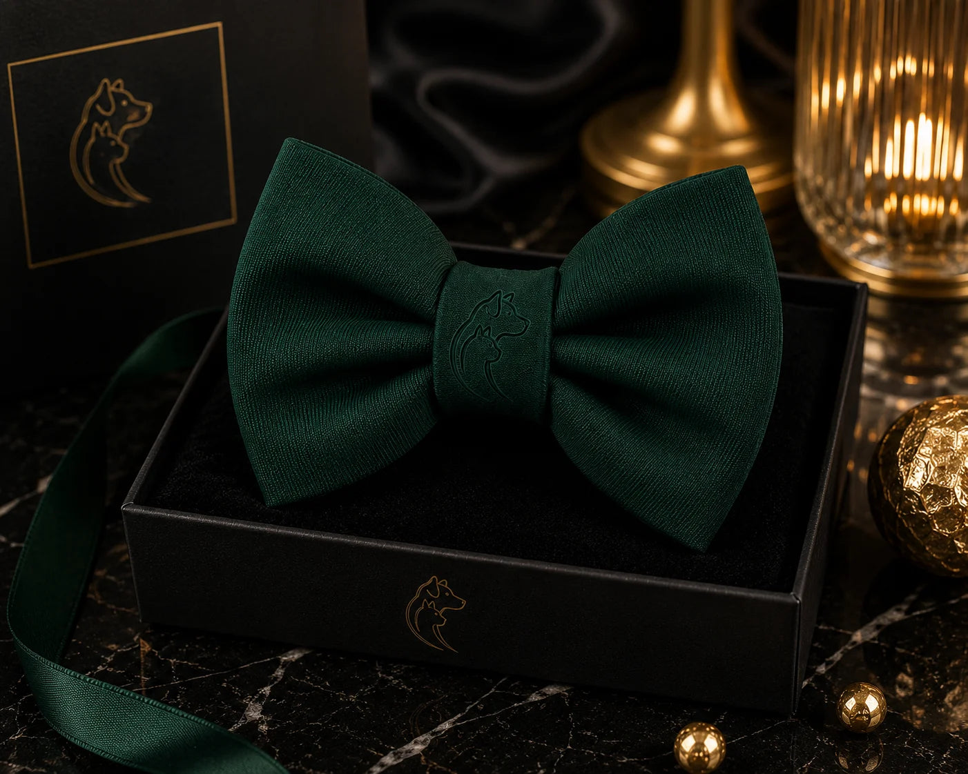 Dark green bow tie in a black gift box with gold accents and logo on a marble surface