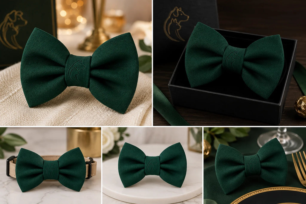 Dark green bow tie in stylish settings with gold accents and elegant decor