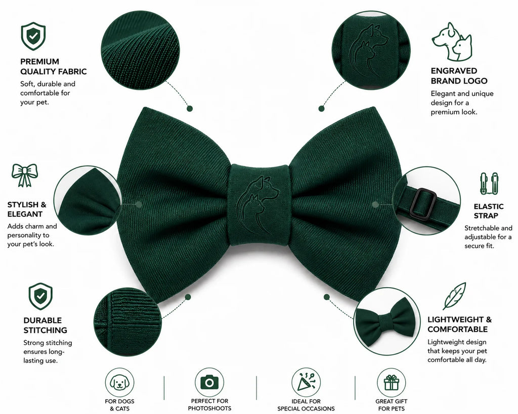 Dark green bow tie with elastic strap and brand logo for dogs and cats