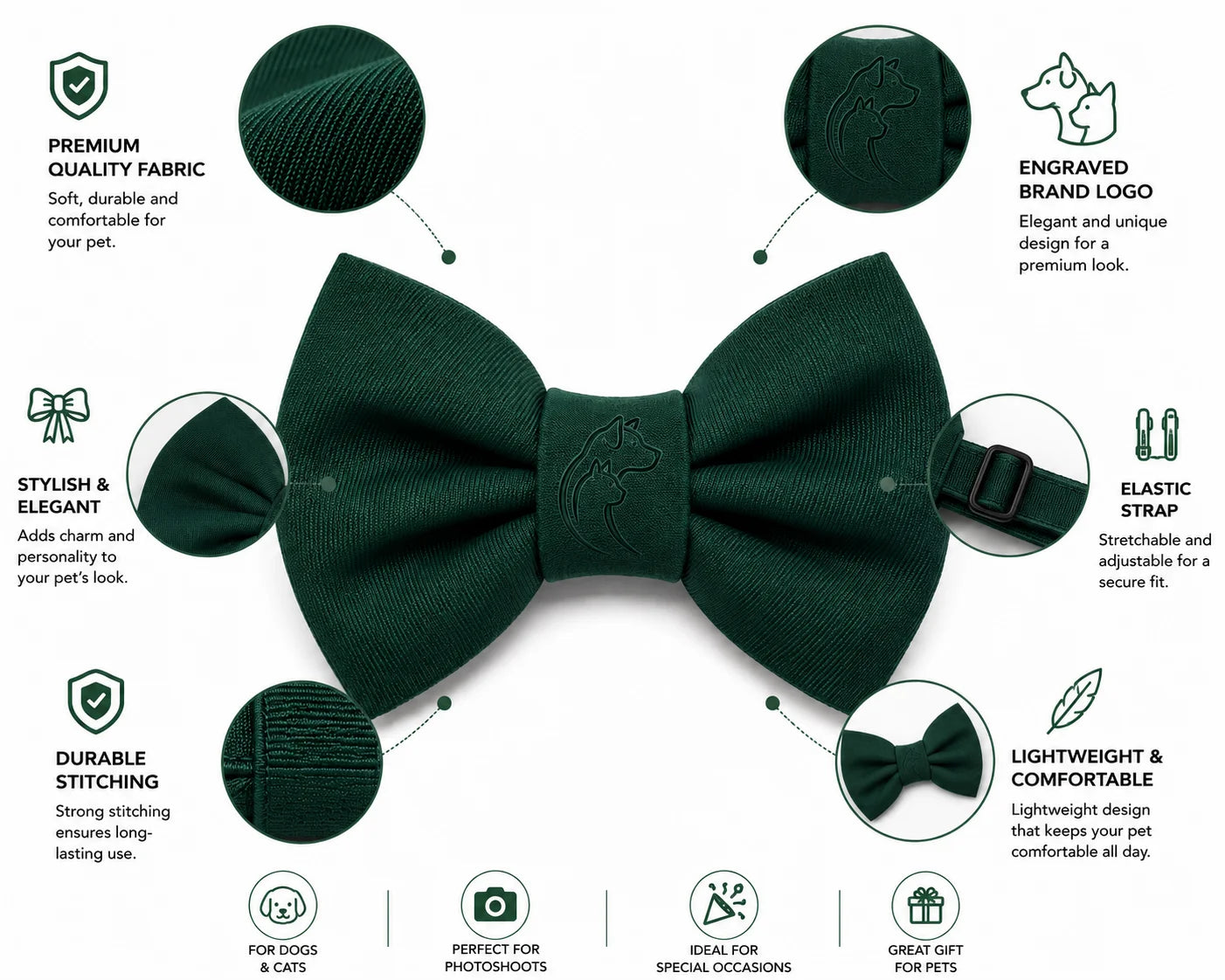 Dark green bow tie with elastic strap and brand logo for dogs and cats