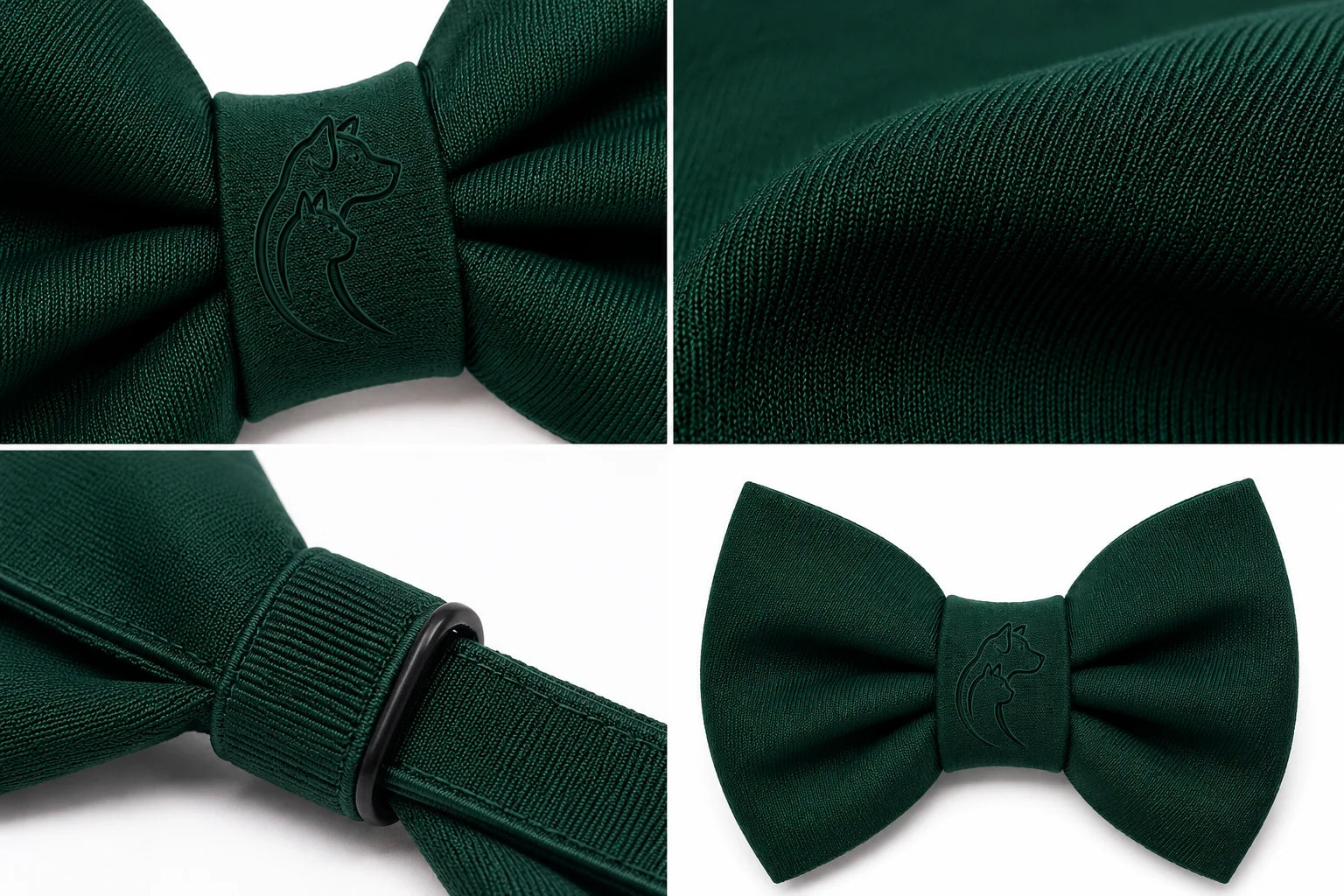 Dark green bow tie with wolf logo on white background in four views