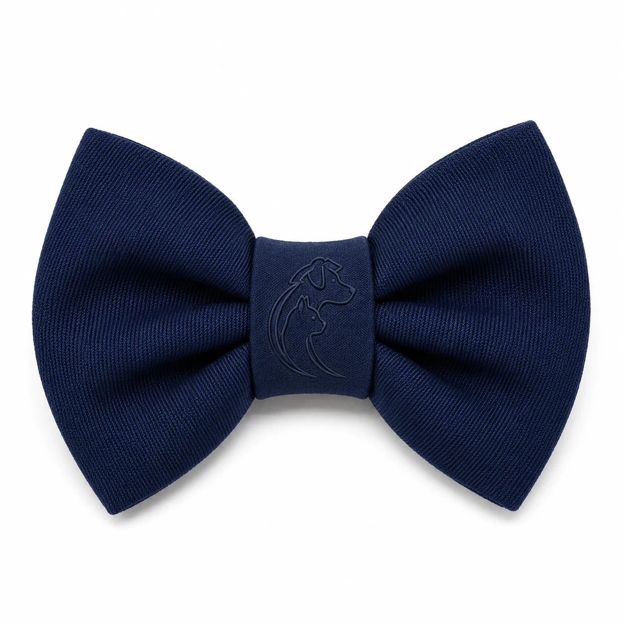 A navy blue bow tie with a debossed dog logo on a white background