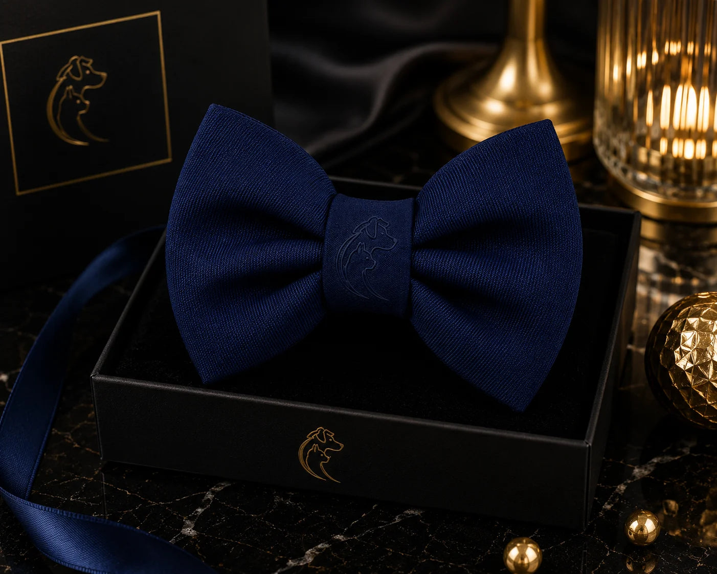 Luxurious navy blue bow tie on a black gift box with gold accents and logo