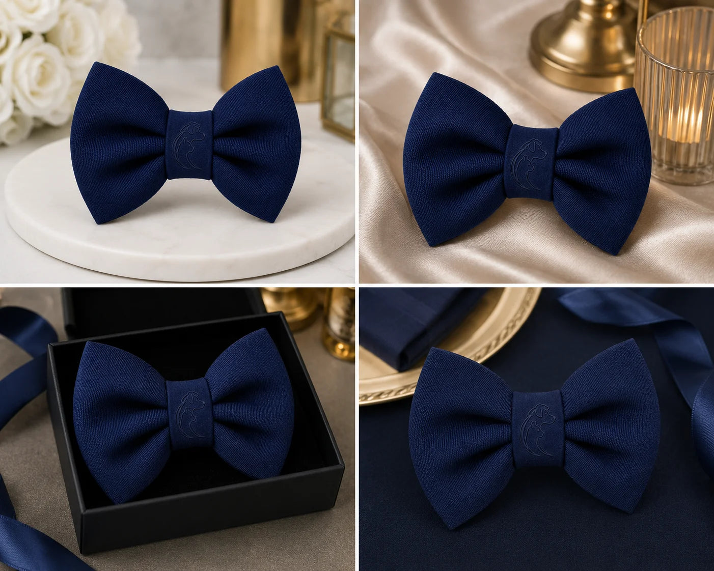 Navy blue bow tie on white marble plate with gold decor and white roses nearby
