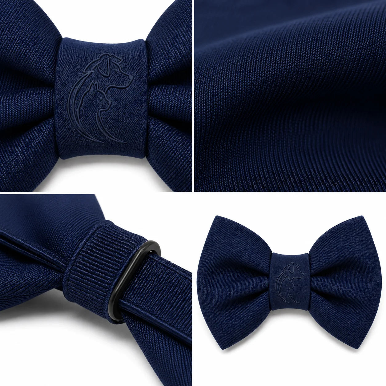Navy blue bow tie with dog logo embossed on center band in four views