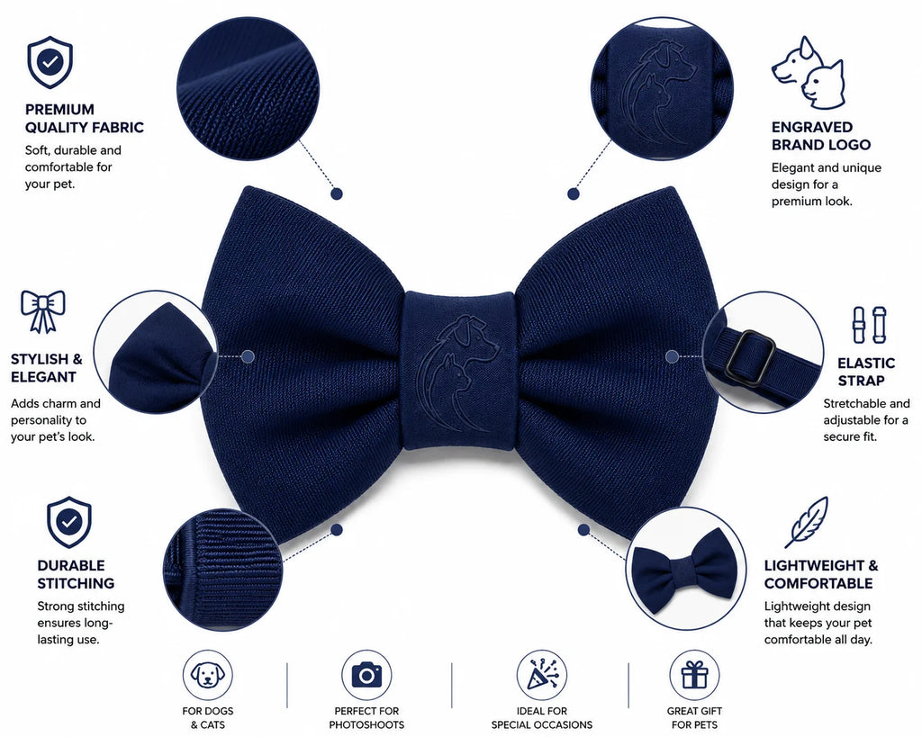 Navy blue pet bow tie with engraved brand logo and elastic strap for dogs and cats
