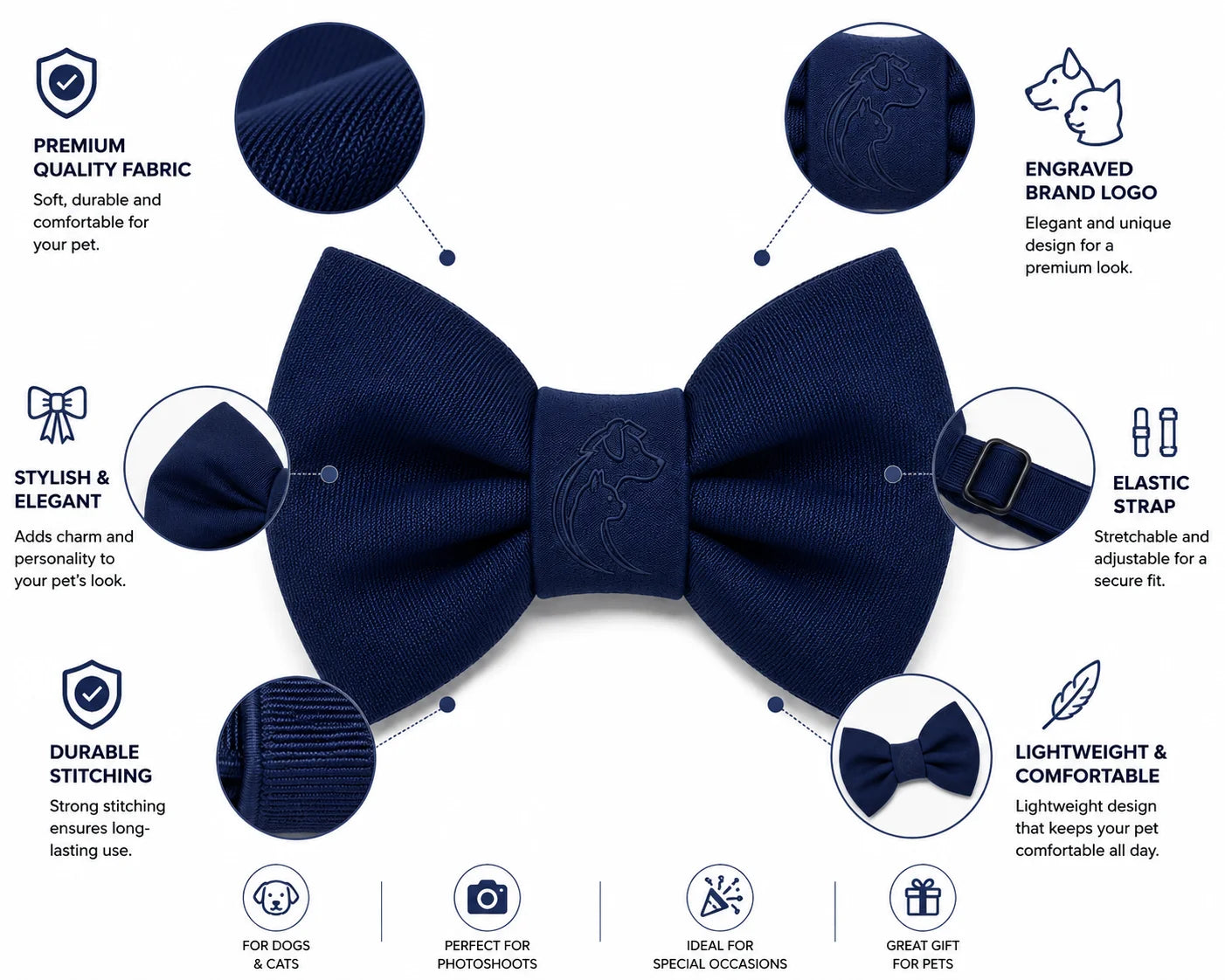 Navy blue pet bow tie with engraved brand logo and elastic strap for dogs and cats