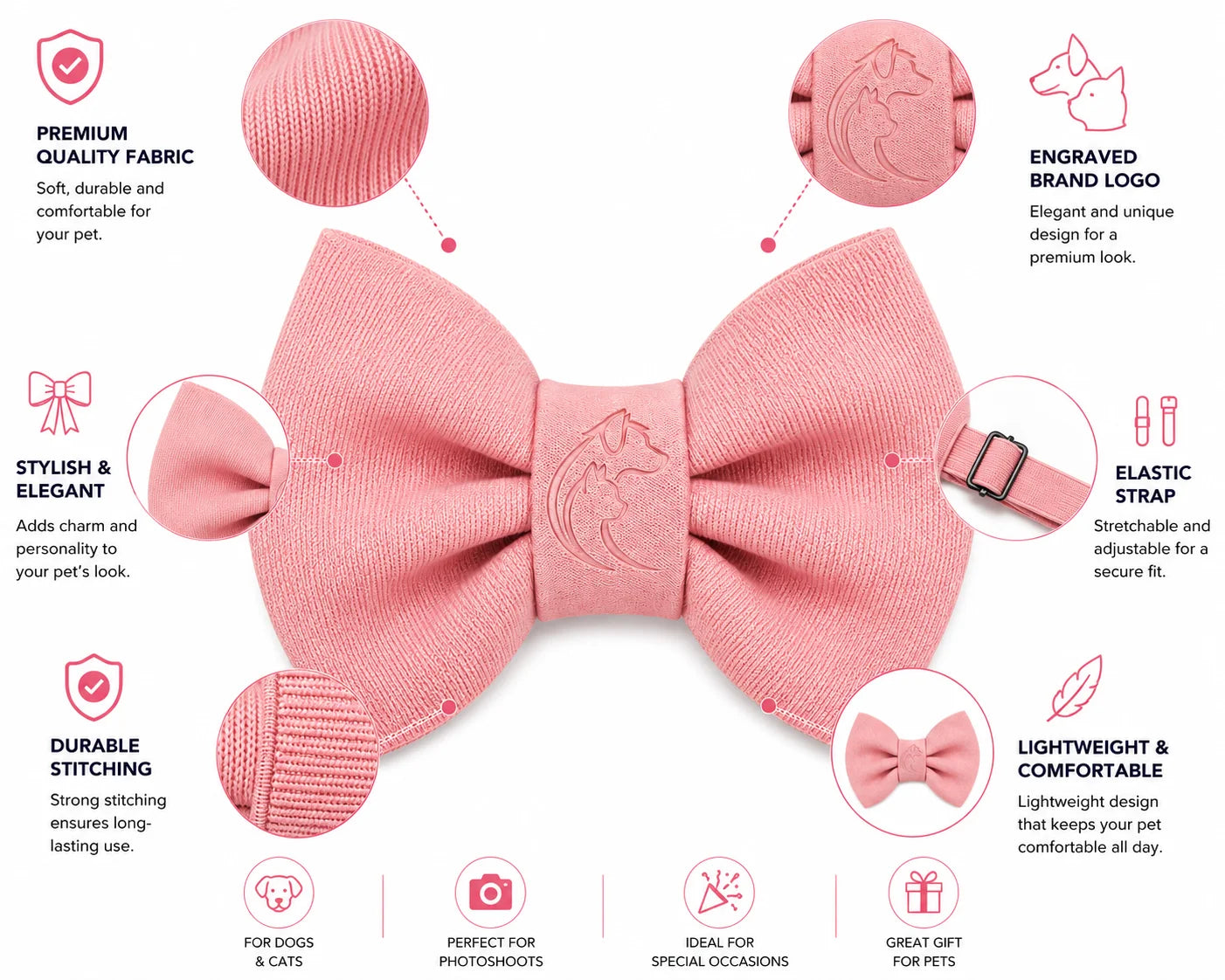 Pink pet bow tie with engraved logo and adjustable elastic strap for dogs and cats