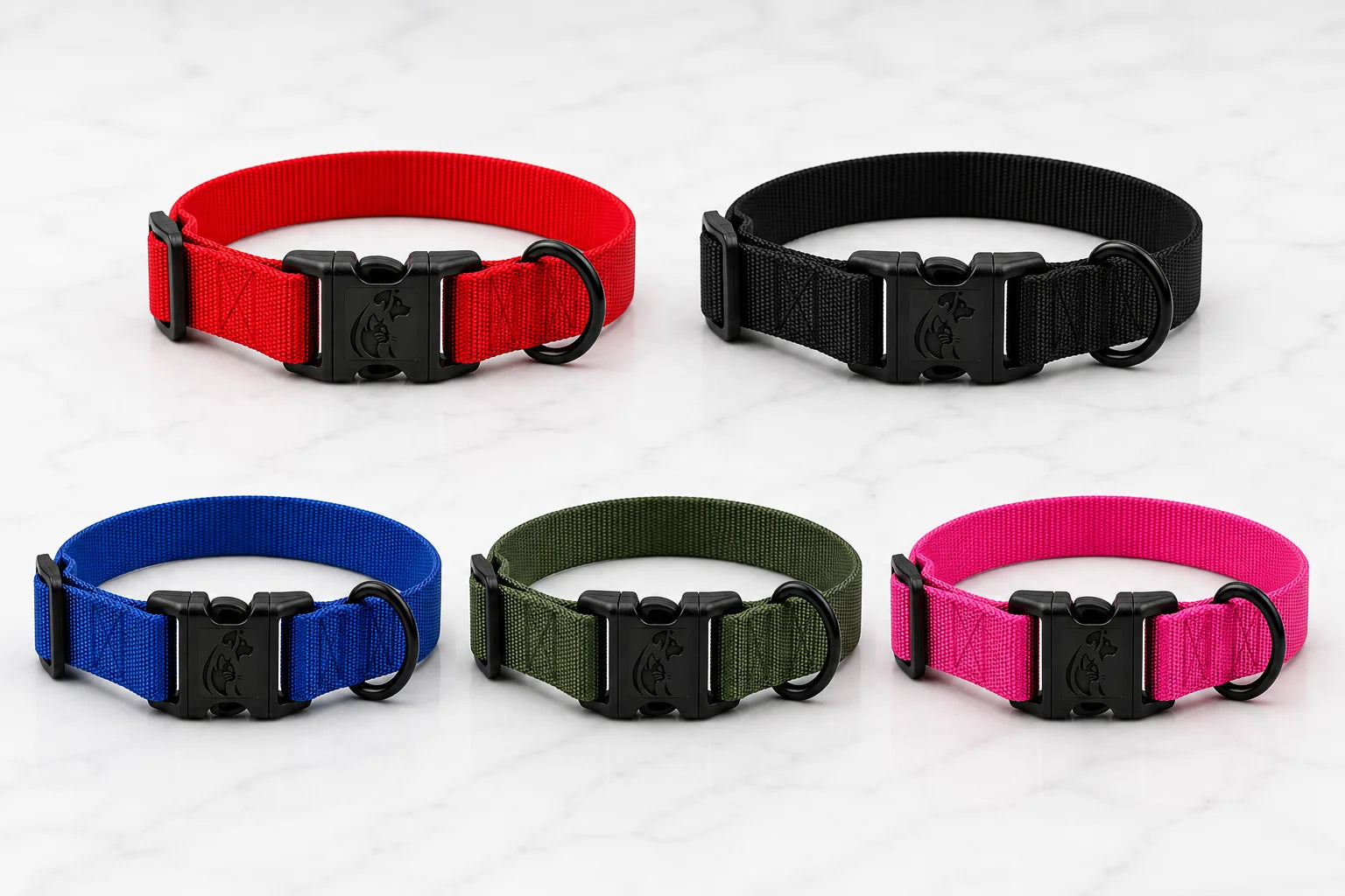 Five nylon dog collars in red, black, blue, green, and pink with black buckles