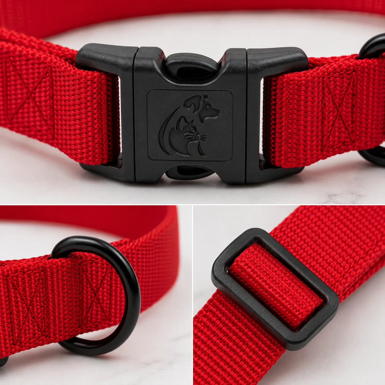 Red dog collar with black buckle and metal D-ring close-up