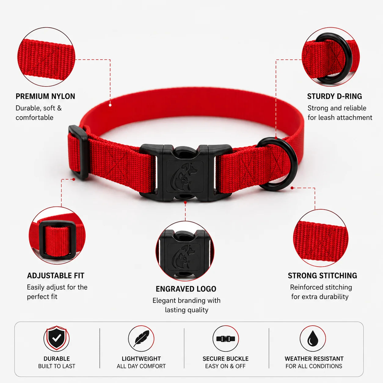 Red dog collar with black buckle and nylon strap, adjustable fit and sturdy D-ring