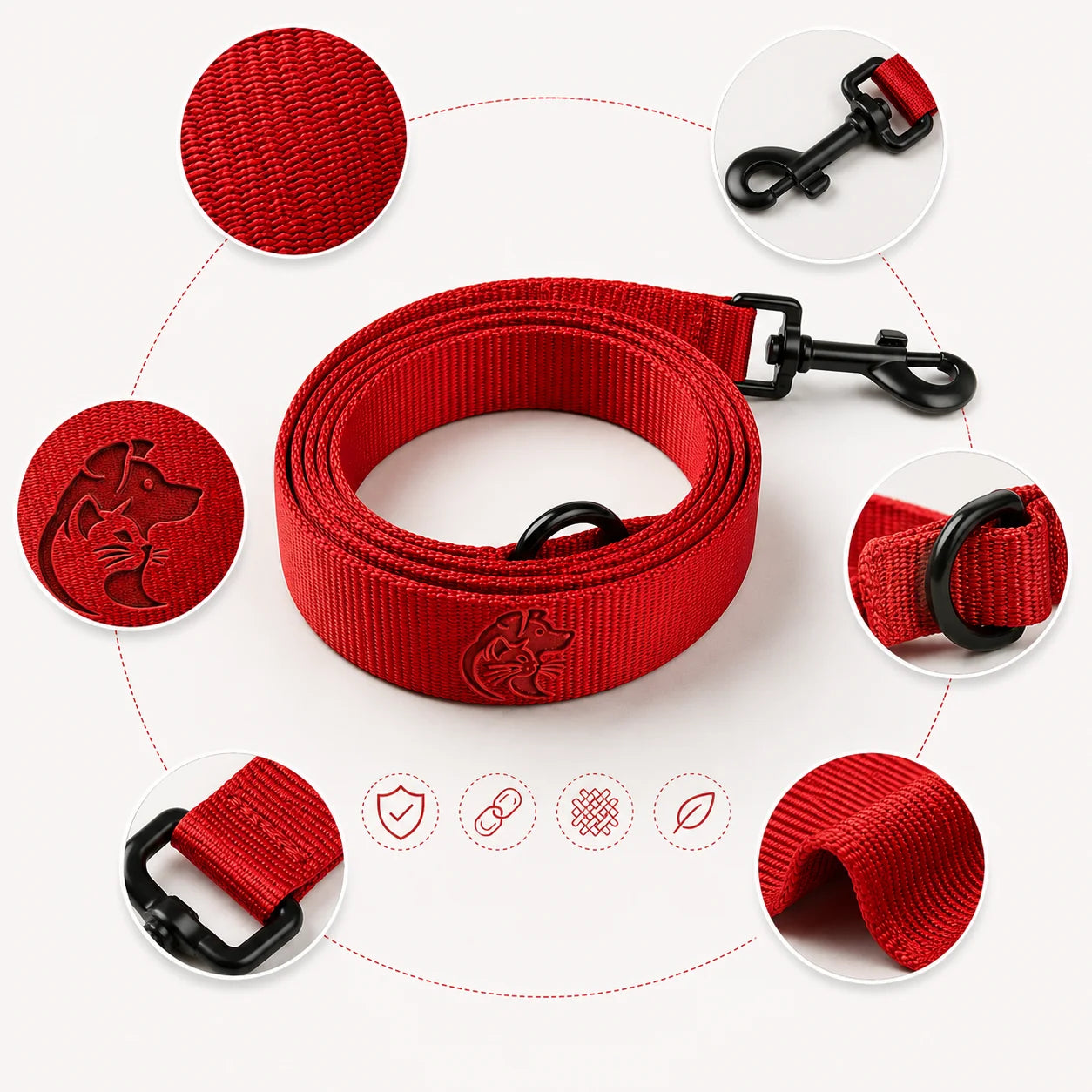 Red dog leash with black clips and dog logo, showcasing texture and design details