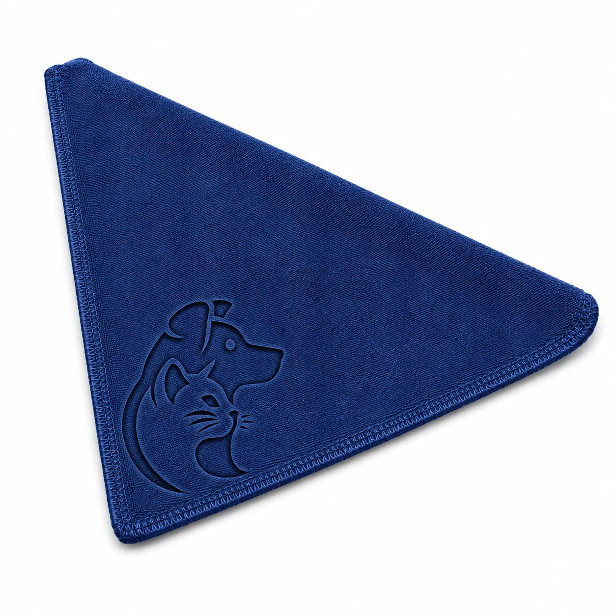 A blue triangular bandana with dog and cat embroidered on it