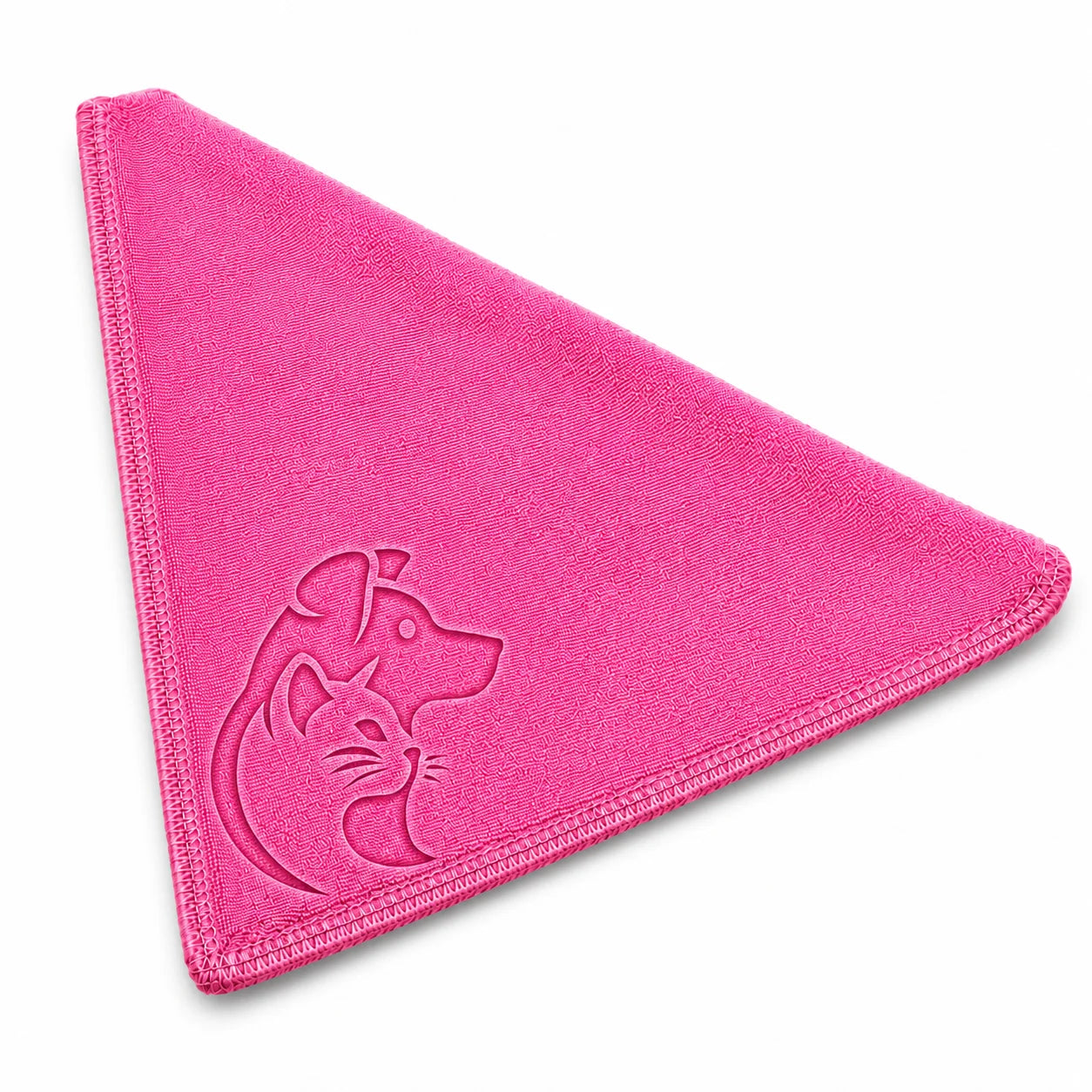 A pink triangular towel with dog and cat embossed on it