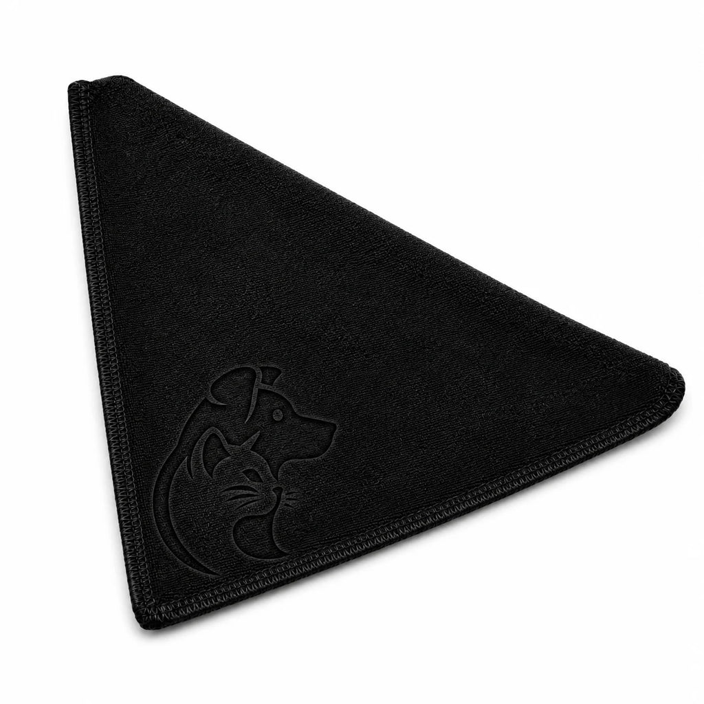 Black triangular cloth with dog head logo on white background closeup