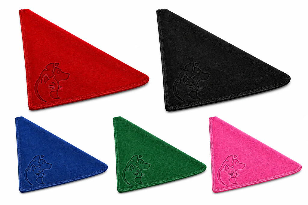 Five triangular colored cloths with dog logo on white background