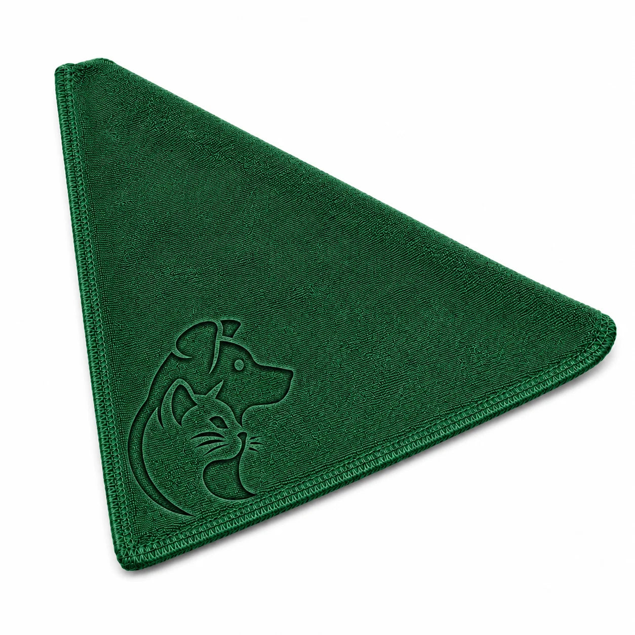 Green triangular cloth with dog and cat embroidery on white background
