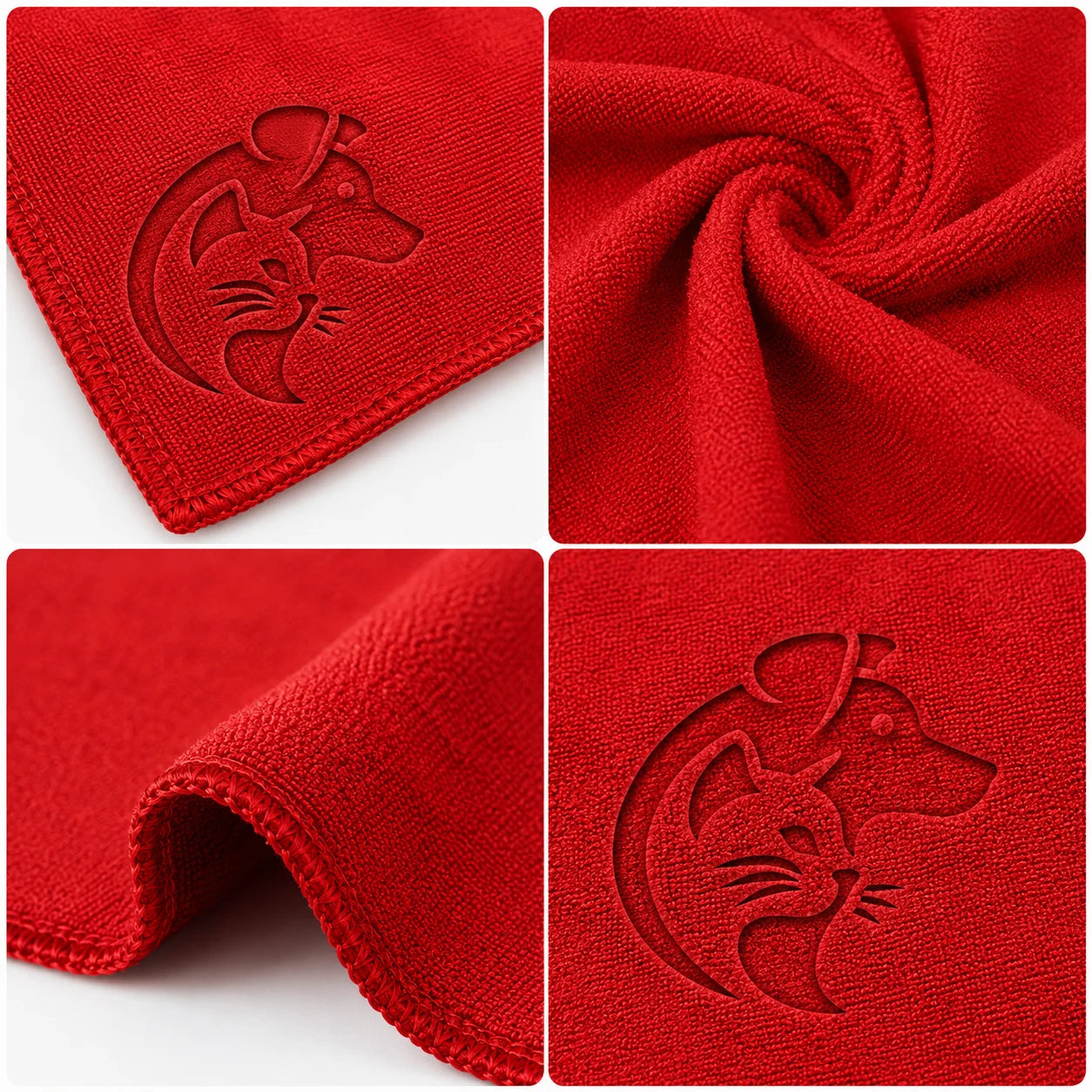 Red fabric with embossed mouse logo in four close-up views showing texture and stitching