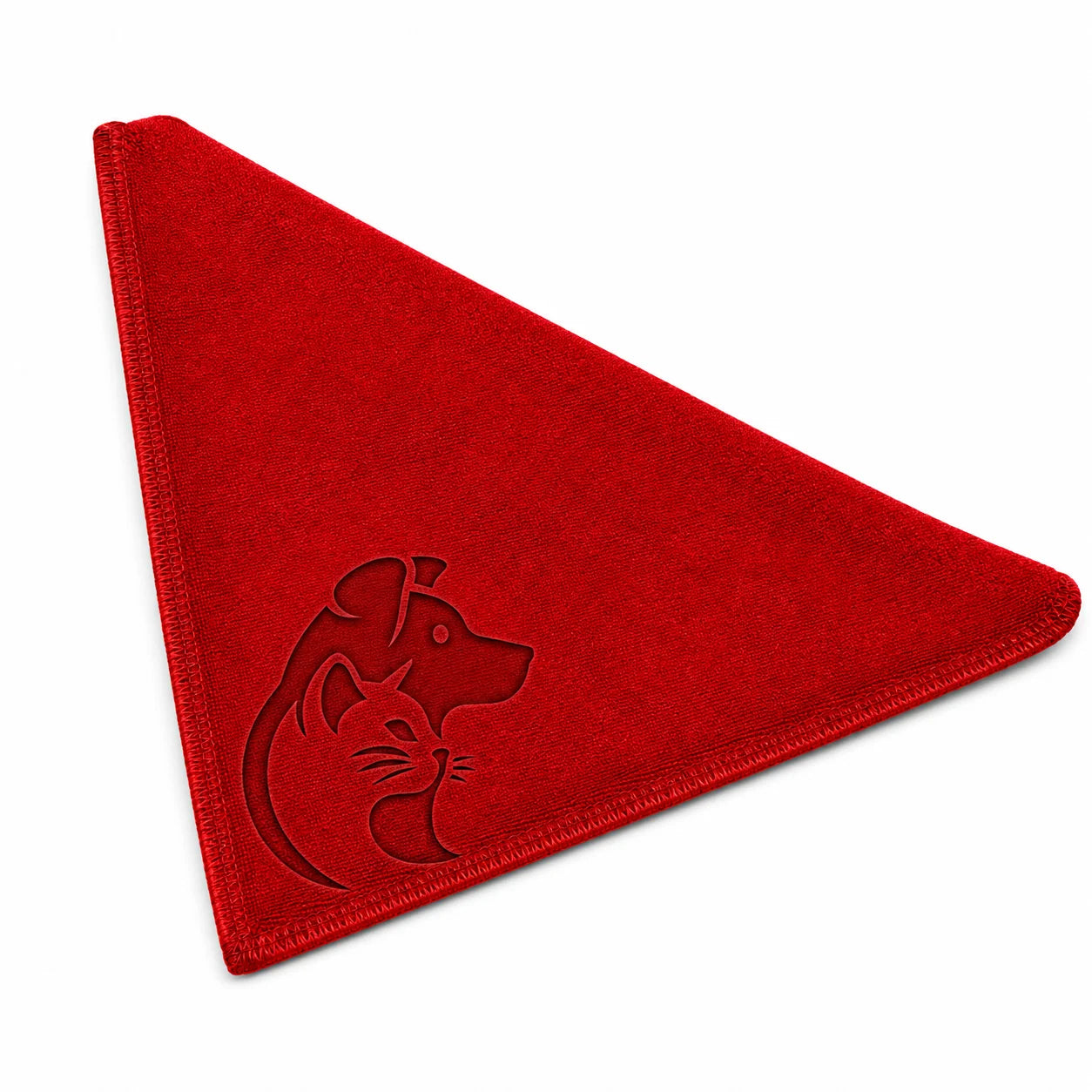 Red triangular bandana with dog and cat embroidered design on white background