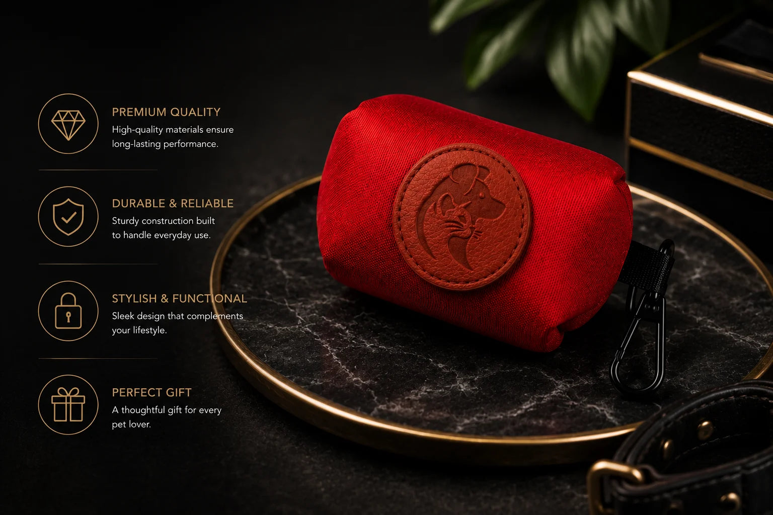Red dog poop bag holder with brown leather logo on black marble tray with gold