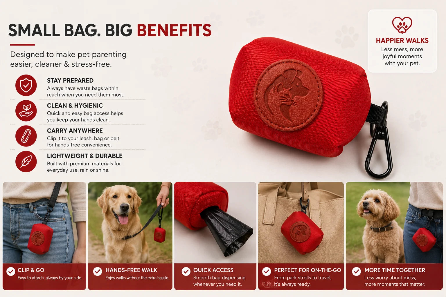 Red Dog Waste Bag Holder with Clip and Poop Bag Dispenser for Pet Owners