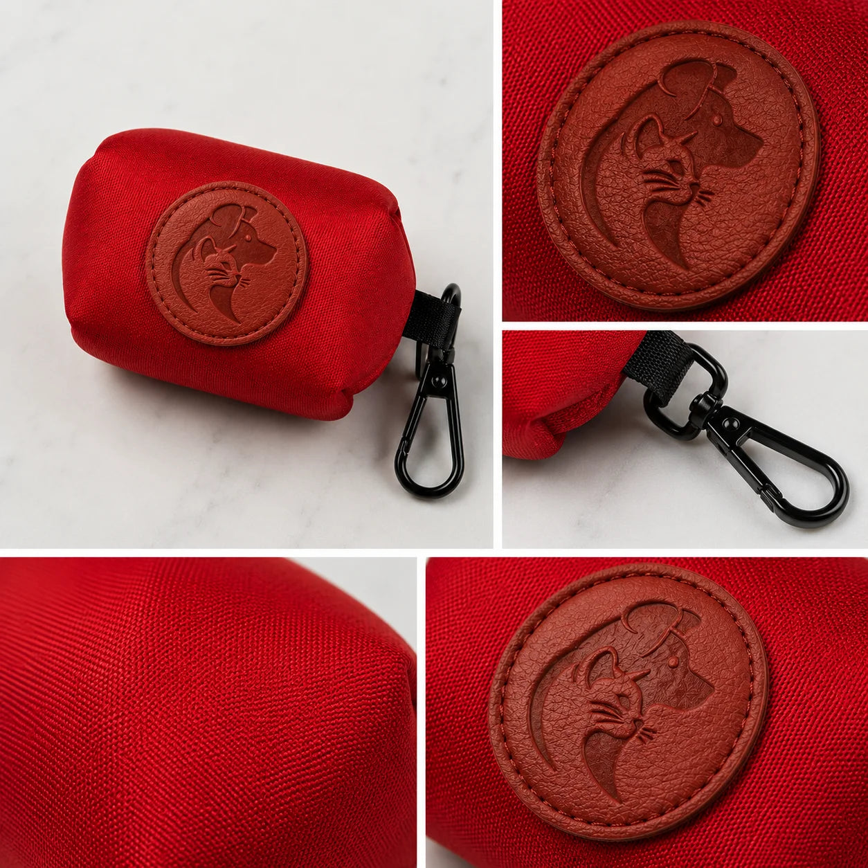 Red fabric pouch with leather dog logo and black clip on white background