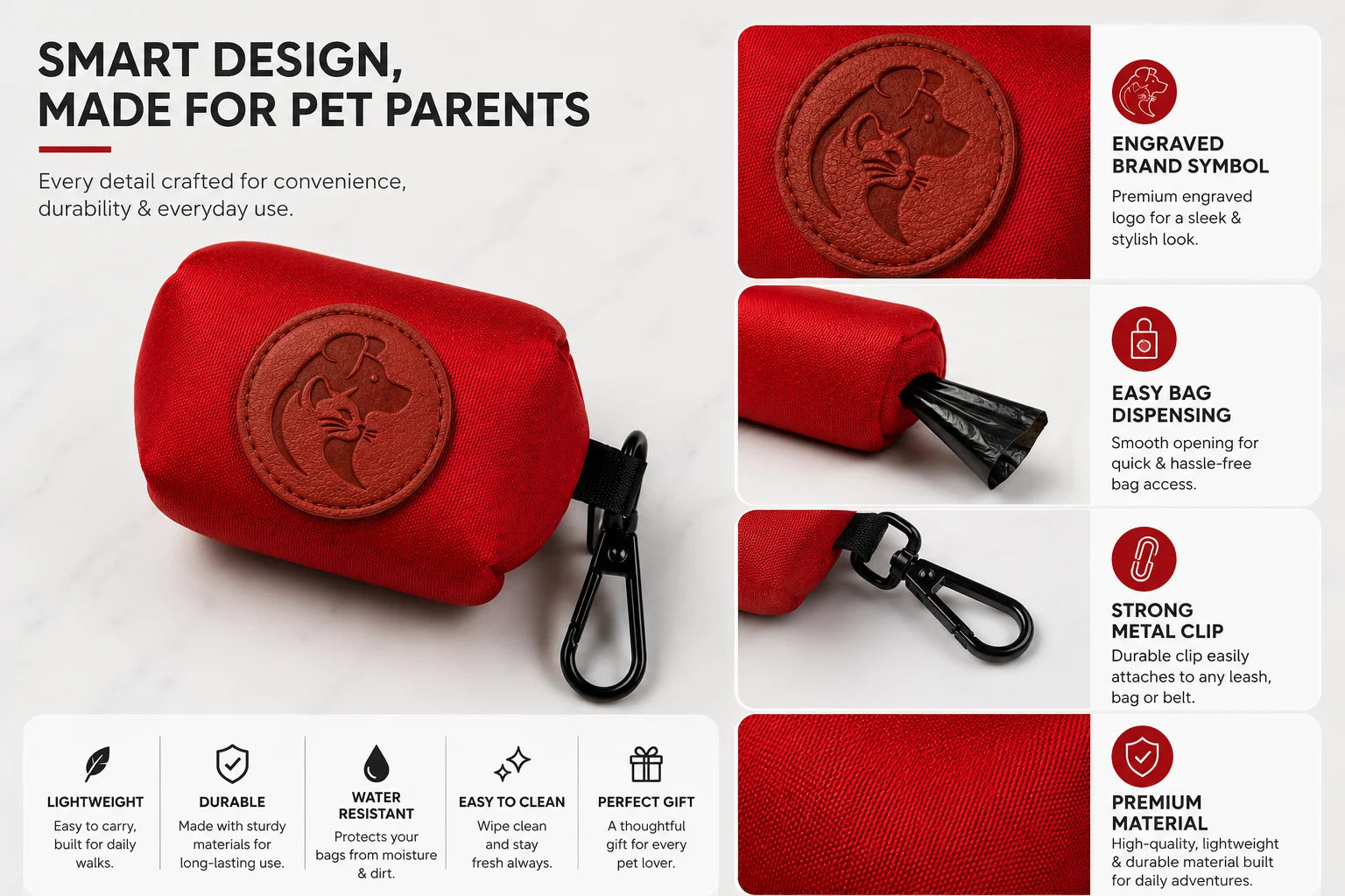 Red poop bag holder with black clip and engraved dog logo on brown patch