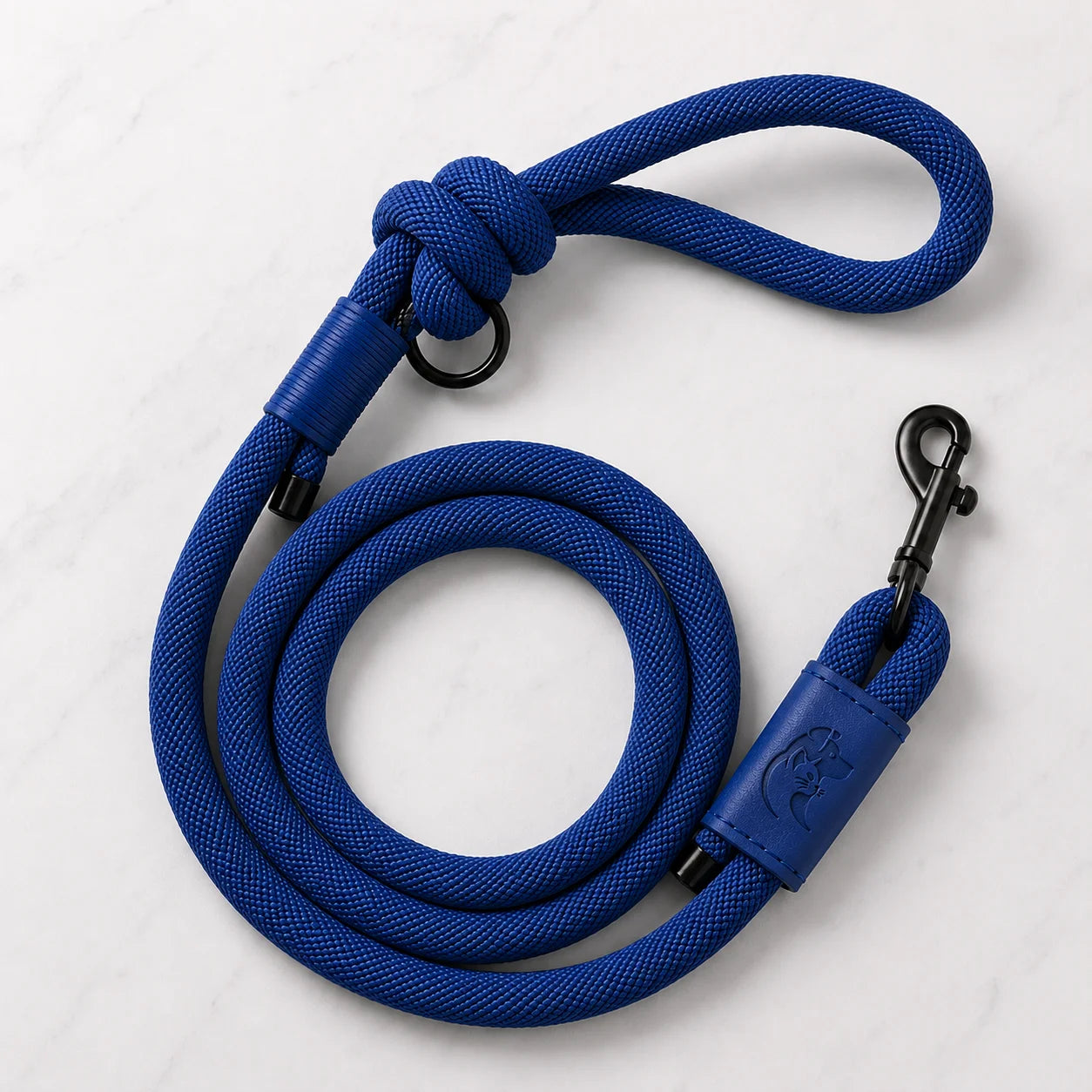 A vibrant blue dog leash with a looped handle and coiled body on a white surface