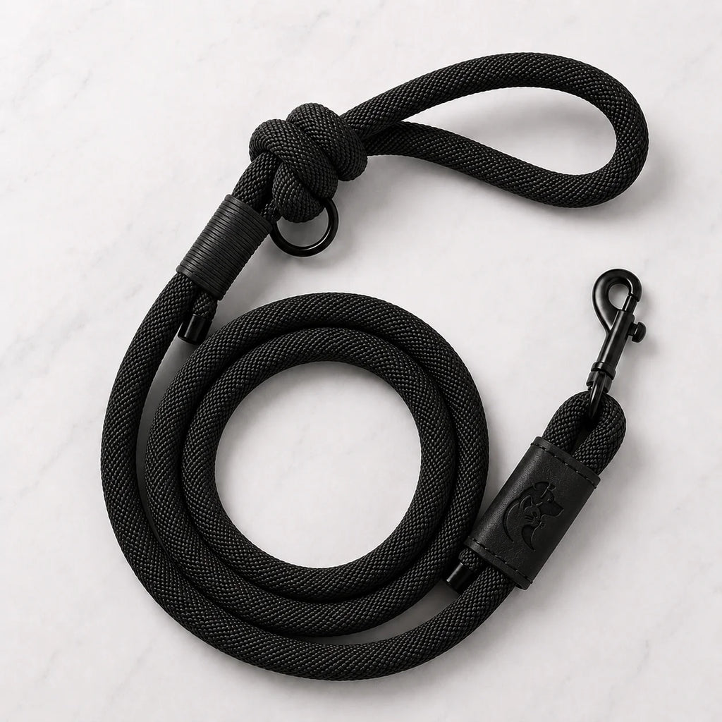 Black nylon dog leash with leather accents and metal clip on white background