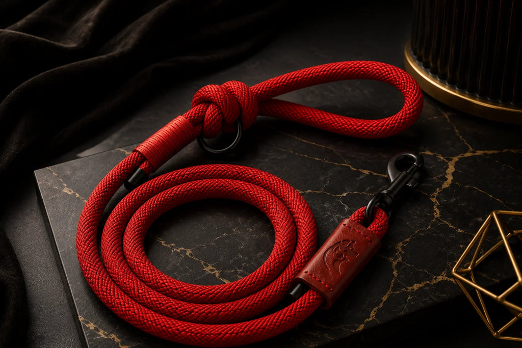 Red rope dog leash with leather handle and clip on dark marble surface