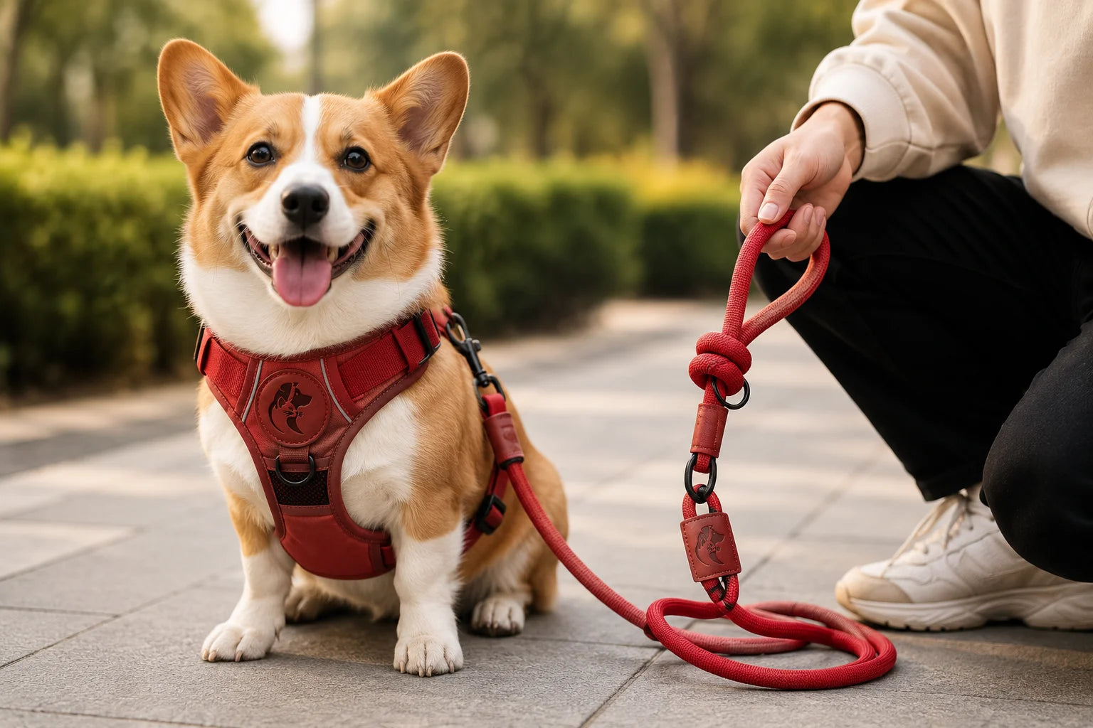 A smiling corgi wearing a red harness sits on a sidewalk next to a person