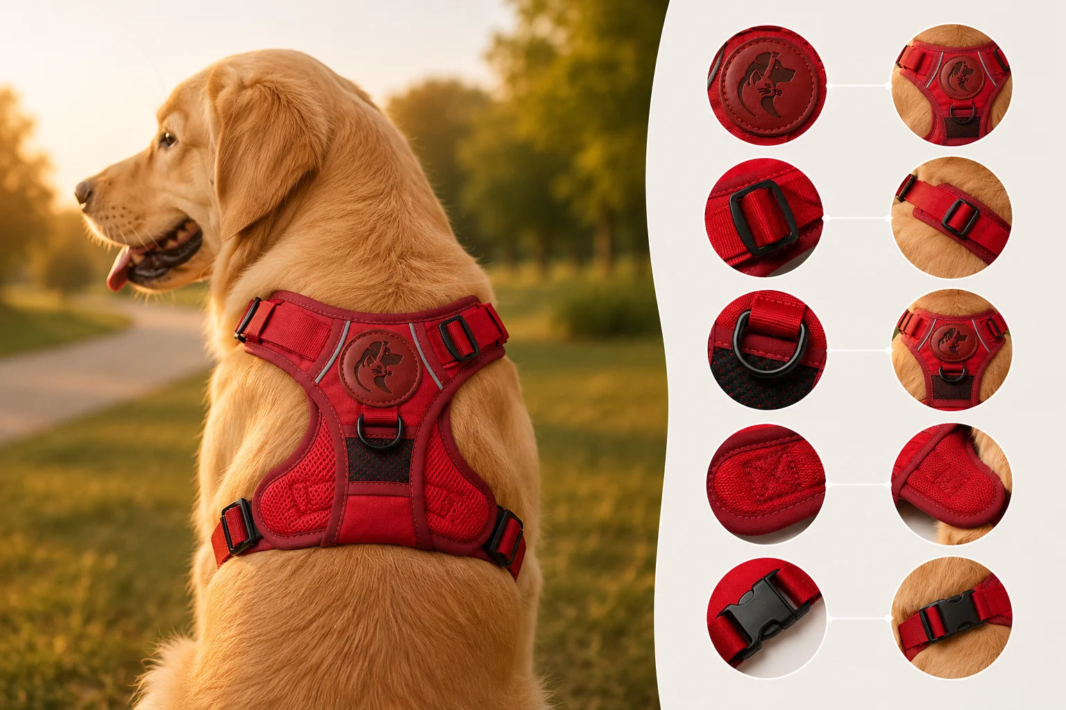 Golden retriever dog wearing red adjustable harness outdoors in park with close-up product views