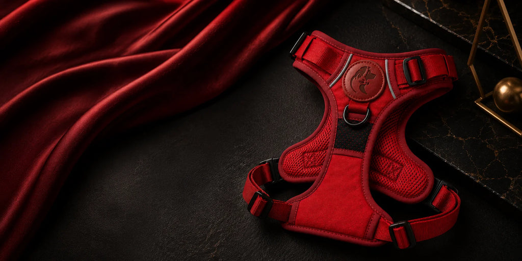 Red dog harness on black background with draped fabric and gold accents nearby