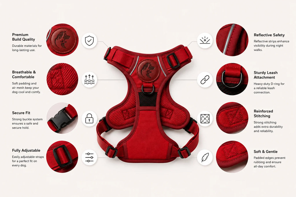 Red dog harness with adjustable straps and buckles for secure fit and comfort